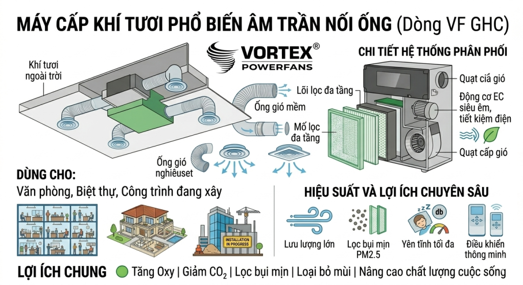 Máy cấp khí tươi phổ biến loại âm trần nối ống