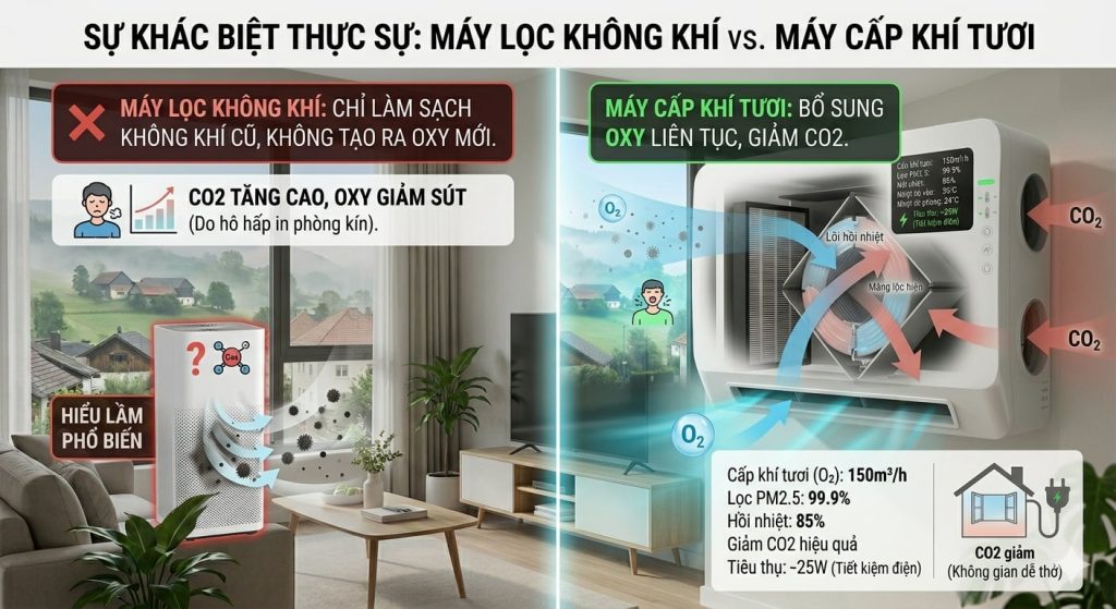 Khác biệt về hiệu quả trong phòng kínTrong môi trường phòng kín, sự khác biệt giữa hai thiết bị càng trở nên rõ ràng hơn. Khi cửa đóng và điều hòa hoạt động liên tục, không khí trong phòng gần như không có sự trao đổi với bên ngoài. Lúc này, các yếu tố như CO2, độ ẩm và mùi trong phòng sẽ tích tụ theo thời gian. Máy lọc không khí có thể giúp giảm bụi mịn và loại bỏ một phần mùi, nhưng không thể xử lý triệt để tình trạng không khí tù đọng. Bạn có thể cảm nhận rõ điều này khi ở lâu trong phòng, dù không khí có vẻ sạch nhưng vẫn cảm thấy bí bách, khó chịu hoặc dễ buồn ngủ. Đây là dấu hiệu của việc thiếu oxy và dư CO2. Trong khi đó, máy cấp khí tươi hoạt động hiệu quả hơn trong môi trường này vì nó tạo ra dòng lưu thông không khí. Khi không khí mới được đưa vào và khí cũ được đẩy ra ngoài, các yếu tố gây khó chịu như CO2 hay mùi tích tụ sẽ được giảm đáng kể. Nhờ đó, không gian luôn duy trì trạng thái cân bằng và dễ chịu hơn. Khác biệt về khả năng cung cấp oxy