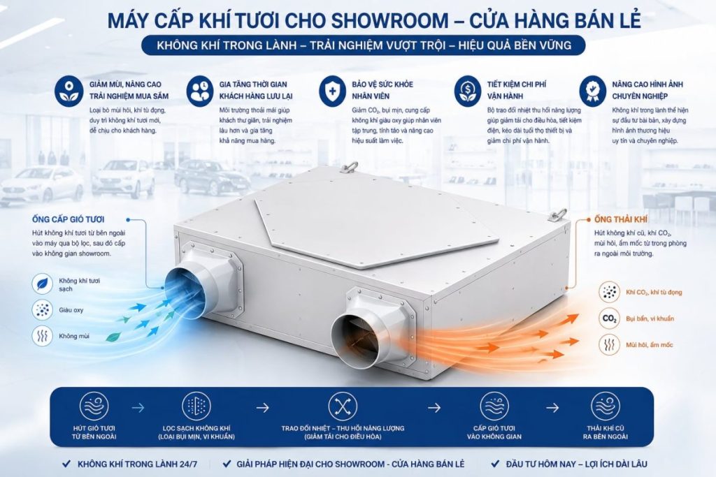 Dịch vụ lắp hệ thống máy Cấp Khí Tươi Cho Showroom, Cửa Hàng Bán Lẻ lắp máy khí tươi showroom, cửa hàng